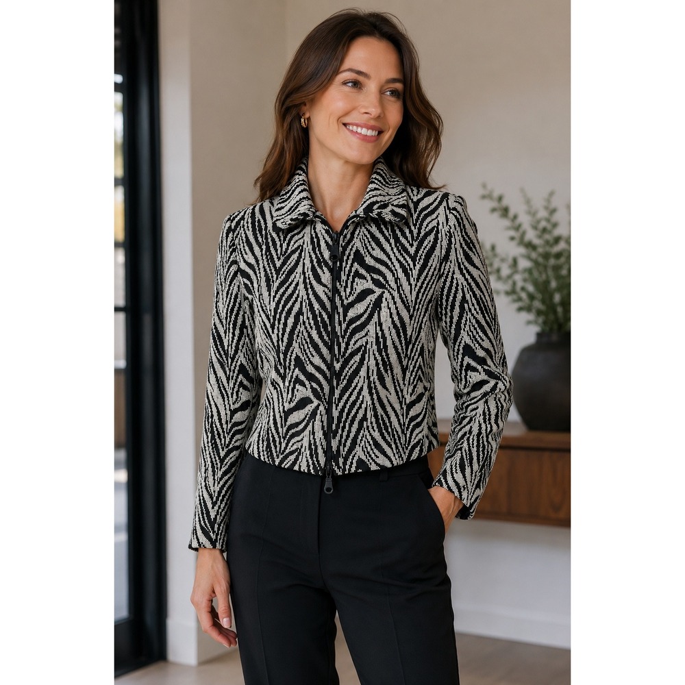 Emil Rutenberg Collection Womens S Zebra Print Crop Jacket Black White Zip Vtg